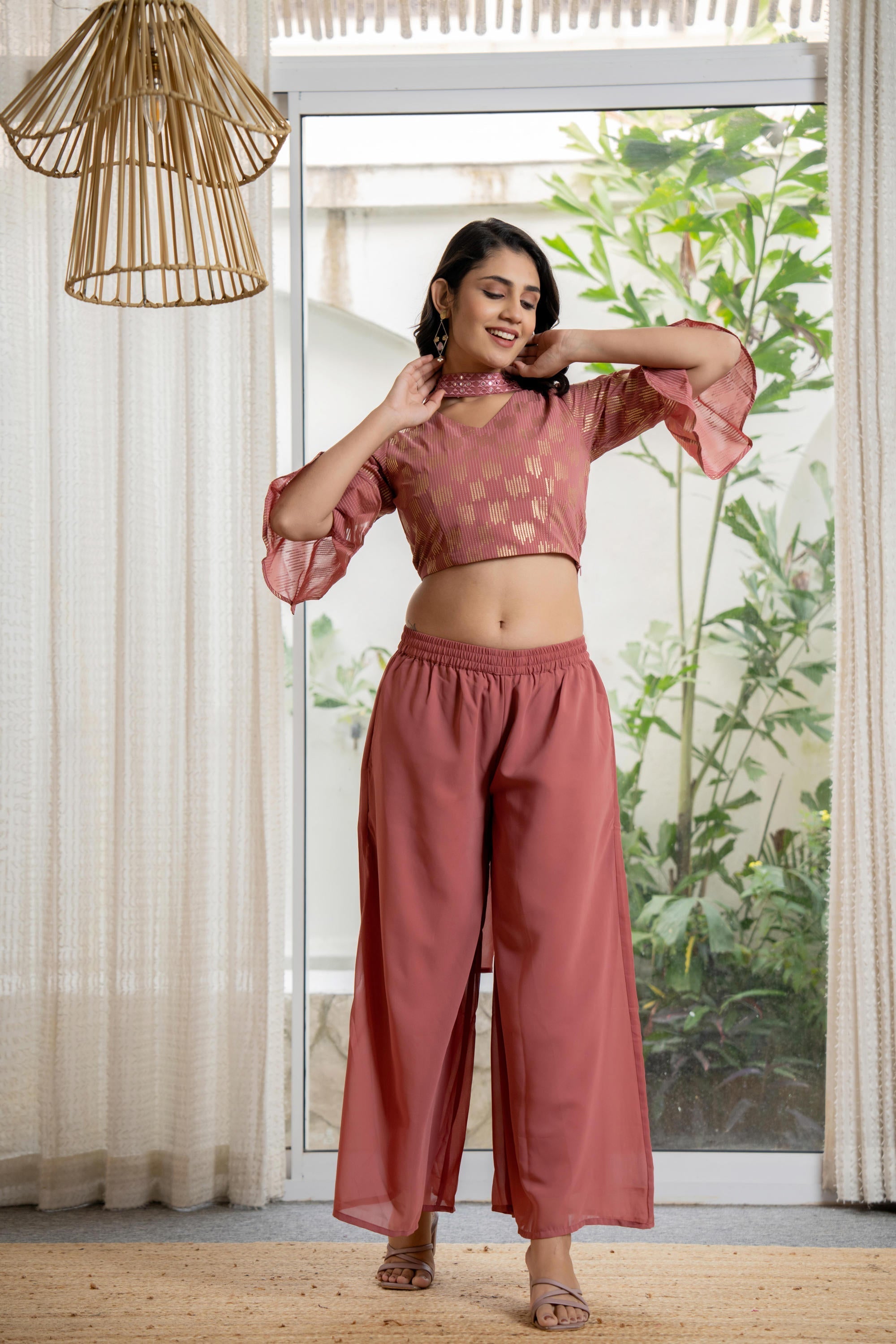 Peach Solid Georgette Crop Top, Palazzo & Dupatta Set With Sequins & T