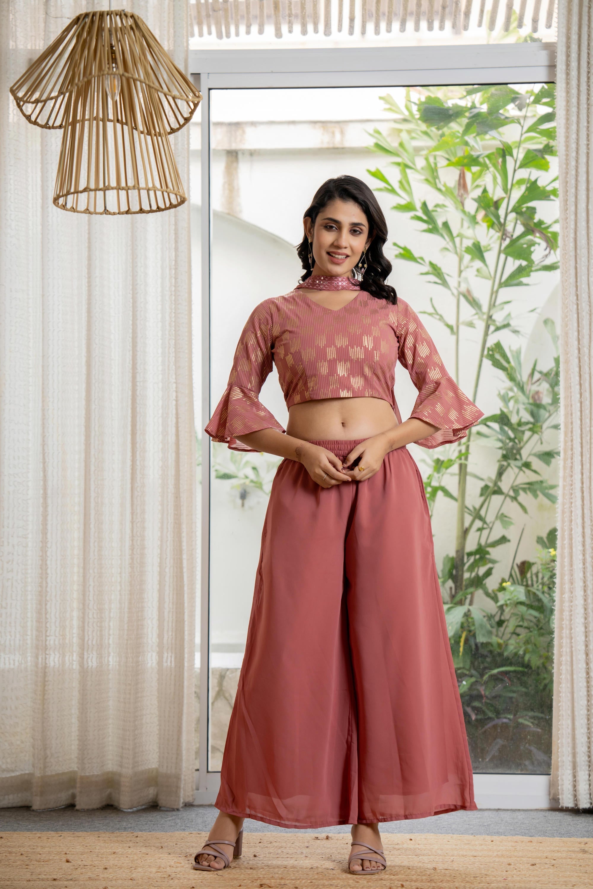 Peach Solid Georgette Crop Top, Palazzo & Dupatta Set With Sequins & T