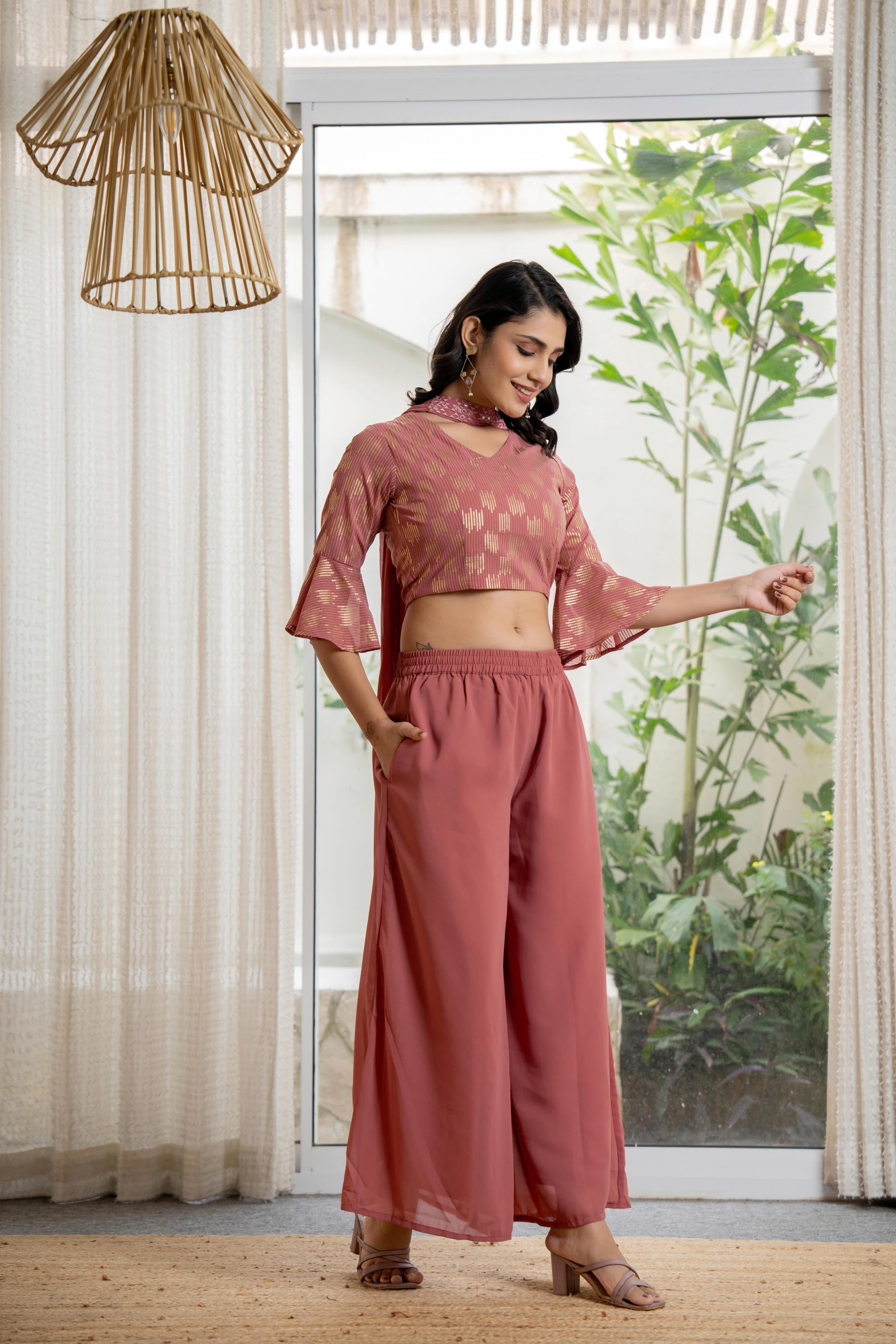 Peach Solid Georgette Crop Top, Palazzo & Dupatta Set With Sequins & T