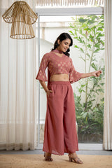Peach Solid Georgette Crop Top, Palazzo & Dupatta Set With Sequins & Thread Work