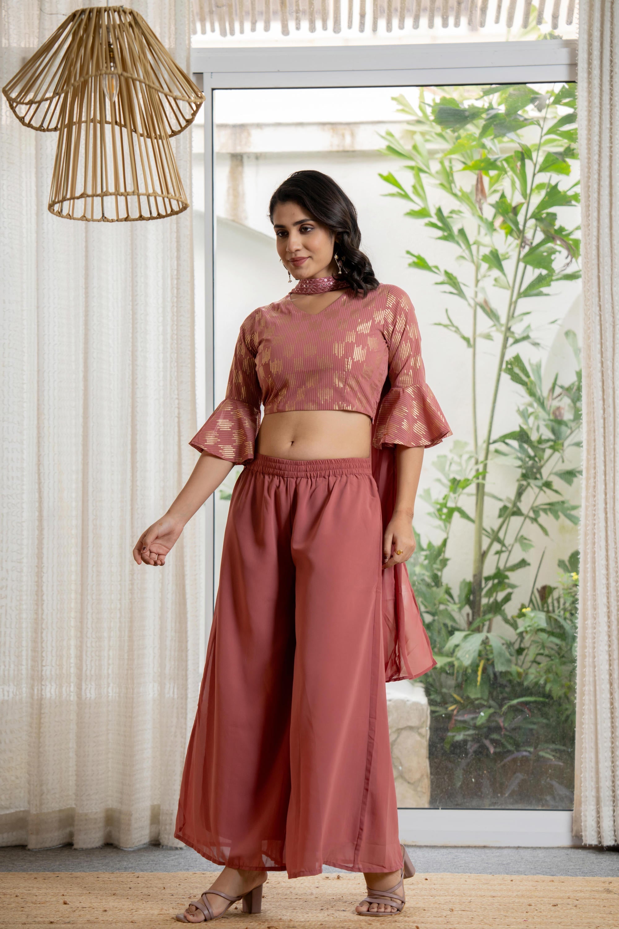 Peach Solid Georgette Crop Top, Palazzo & Dupatta Set With Sequins & T