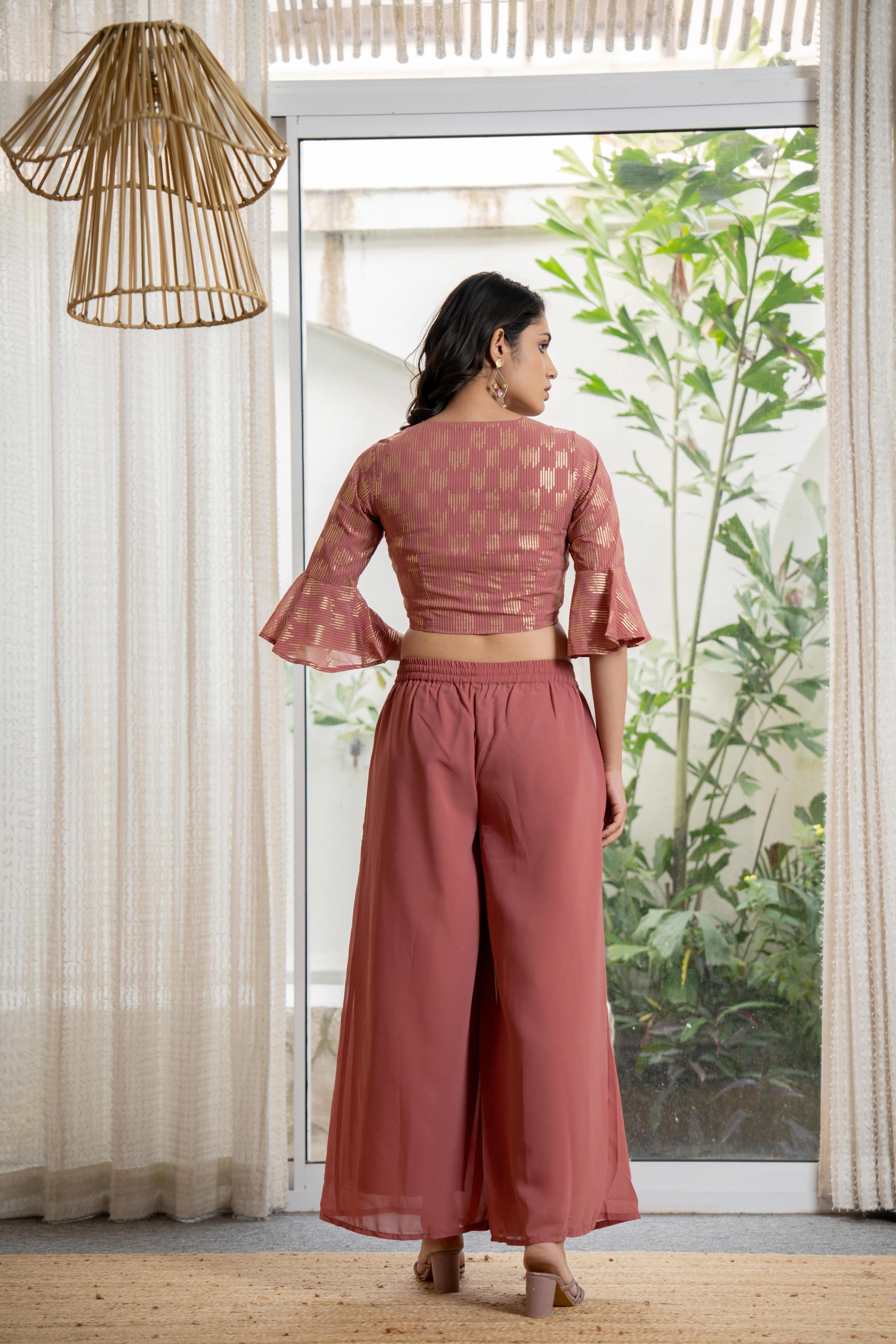 Peach Solid Georgette Crop Top, Palazzo & Dupatta Set With Sequins & T