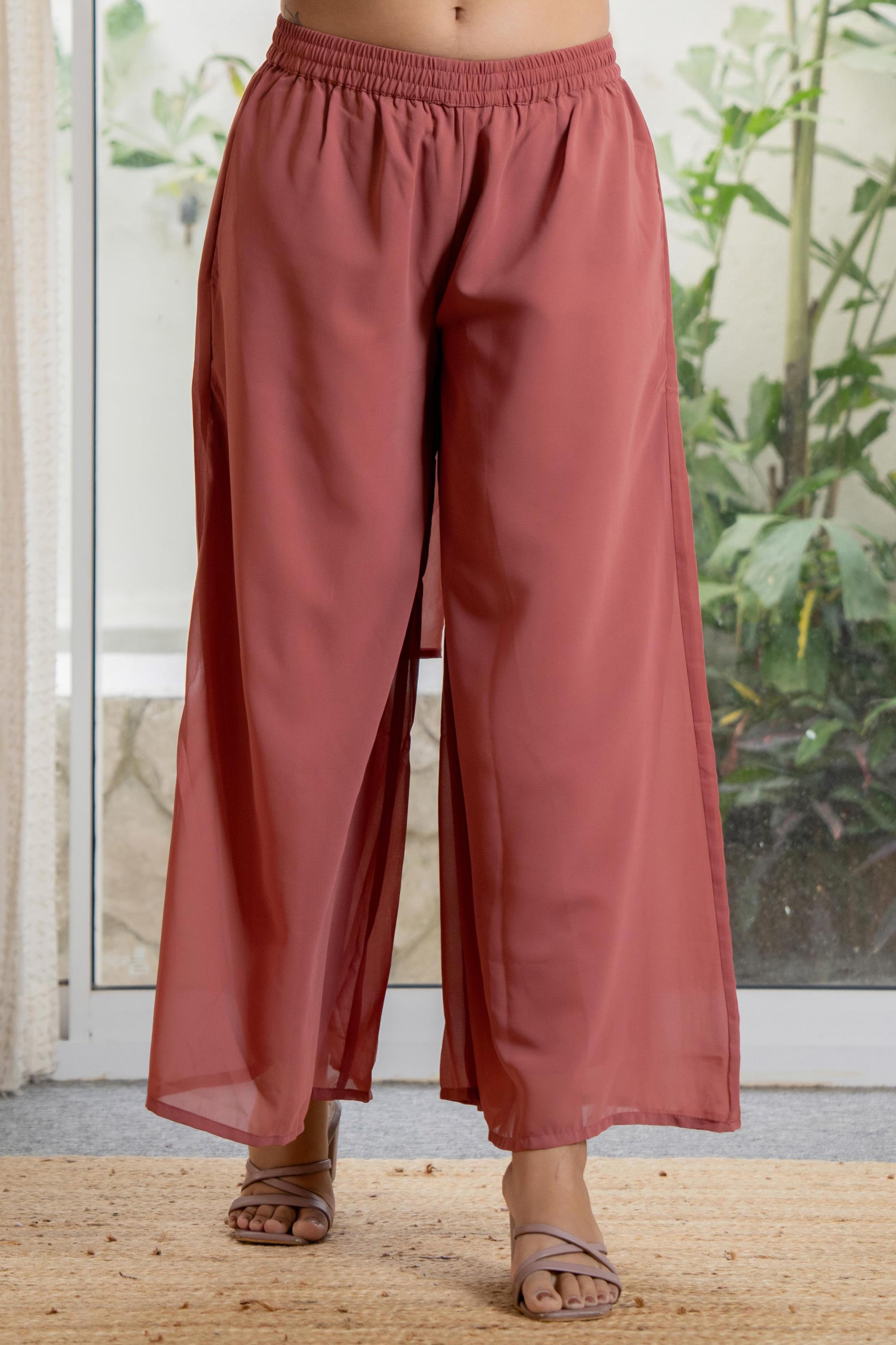 Peach Solid Georgette Crop Top, Palazzo & Dupatta Set With Sequins & T