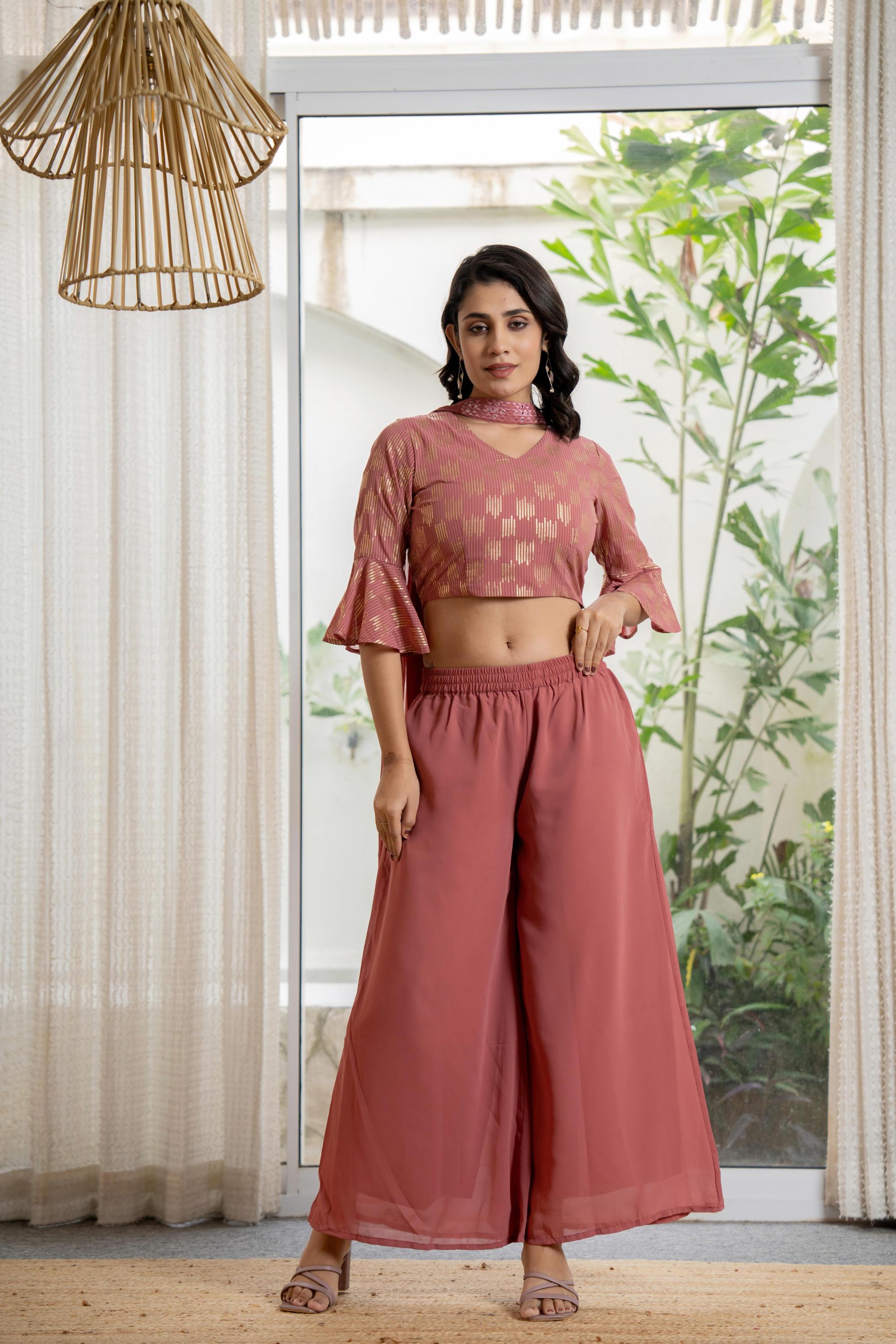 Peach Solid Georgette Crop Top, Palazzo & Dupatta Set With Sequins & T