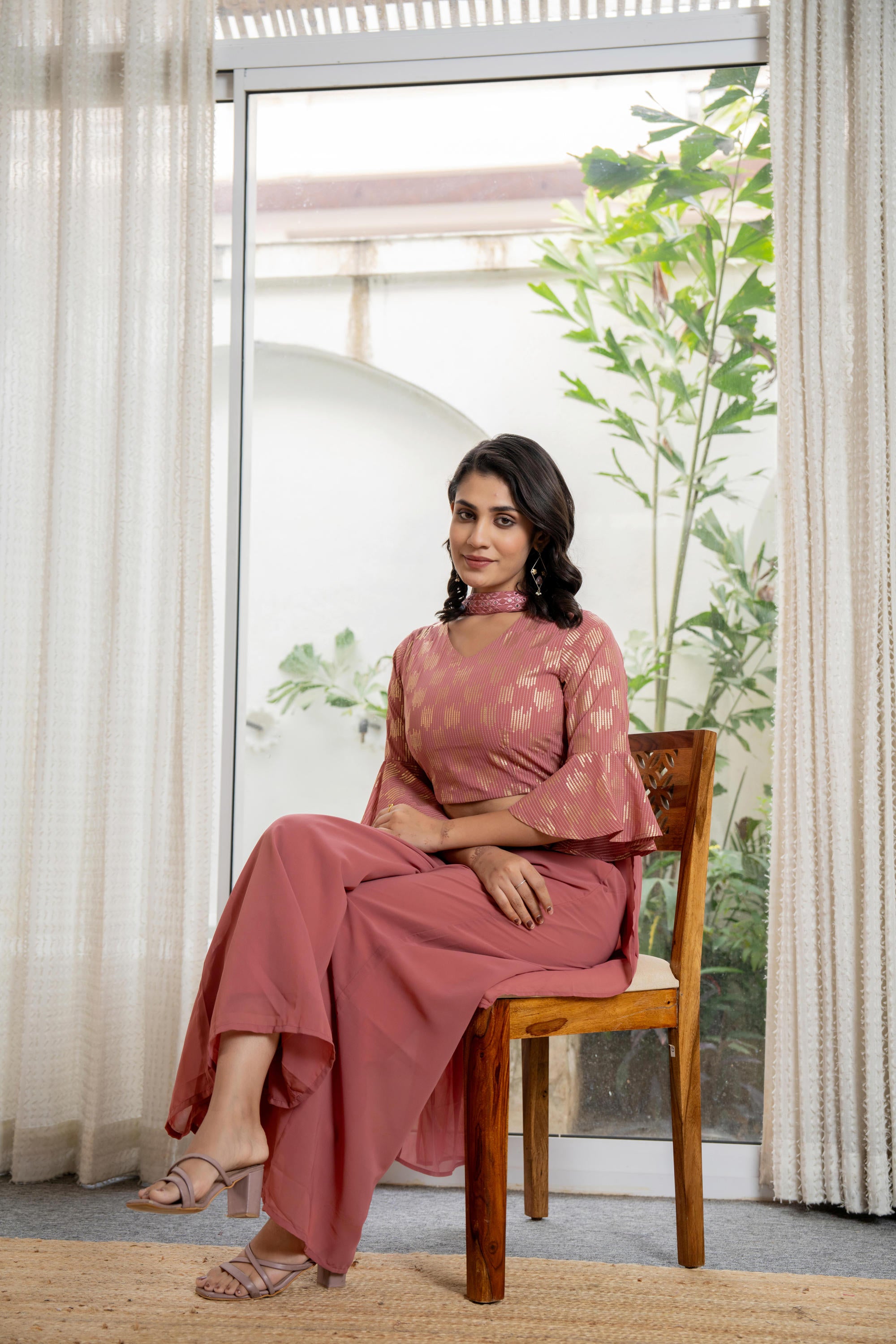 Peach Solid Georgette Crop Top, Palazzo & Dupatta Set With Sequins & T