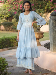 Women's Powderblue Rayon Solid With Printed Flared Kurta Sets