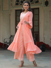 Women's Peach Rayon Solid With Printed Flared Kurta Sets