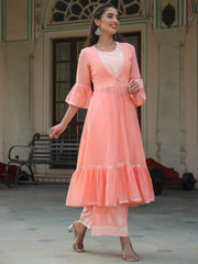 Women's Peach Rayon Solid With Printed Flared Kurta Sets