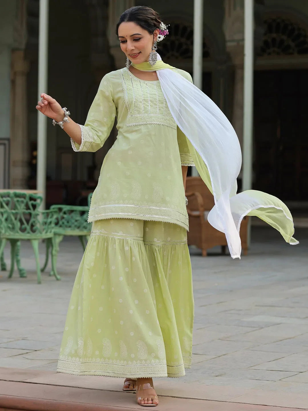 Women'S Lime Green Cambric Floral Print Kurta Sharara Sets