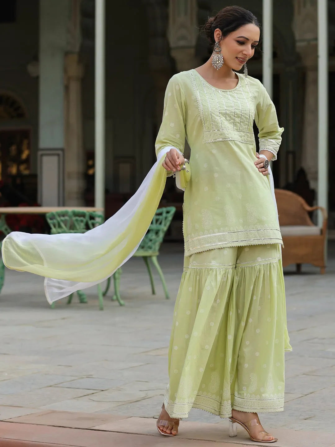 Lime Green Floral Kurta Sharara Set | Indian Kurta for Women