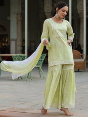 Women'S Lime Green Cambric Floral Print Kurta Sharara Sets