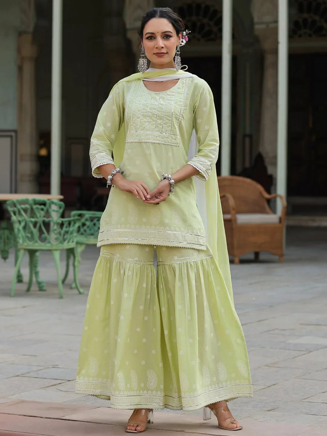 Lime Green Floral Kurta Sharara Set | Indian Kurta for Women