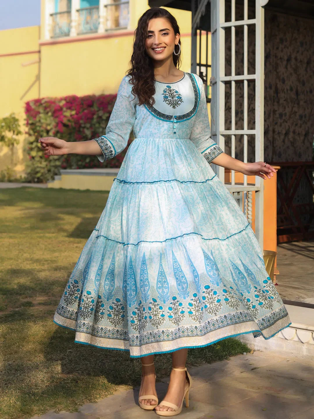 Blue Printed Cotton Voile Maxi Dress | Indian Dresses Online Blue Printed Cotton Voile Maxi Dress | Indian Dresses Online