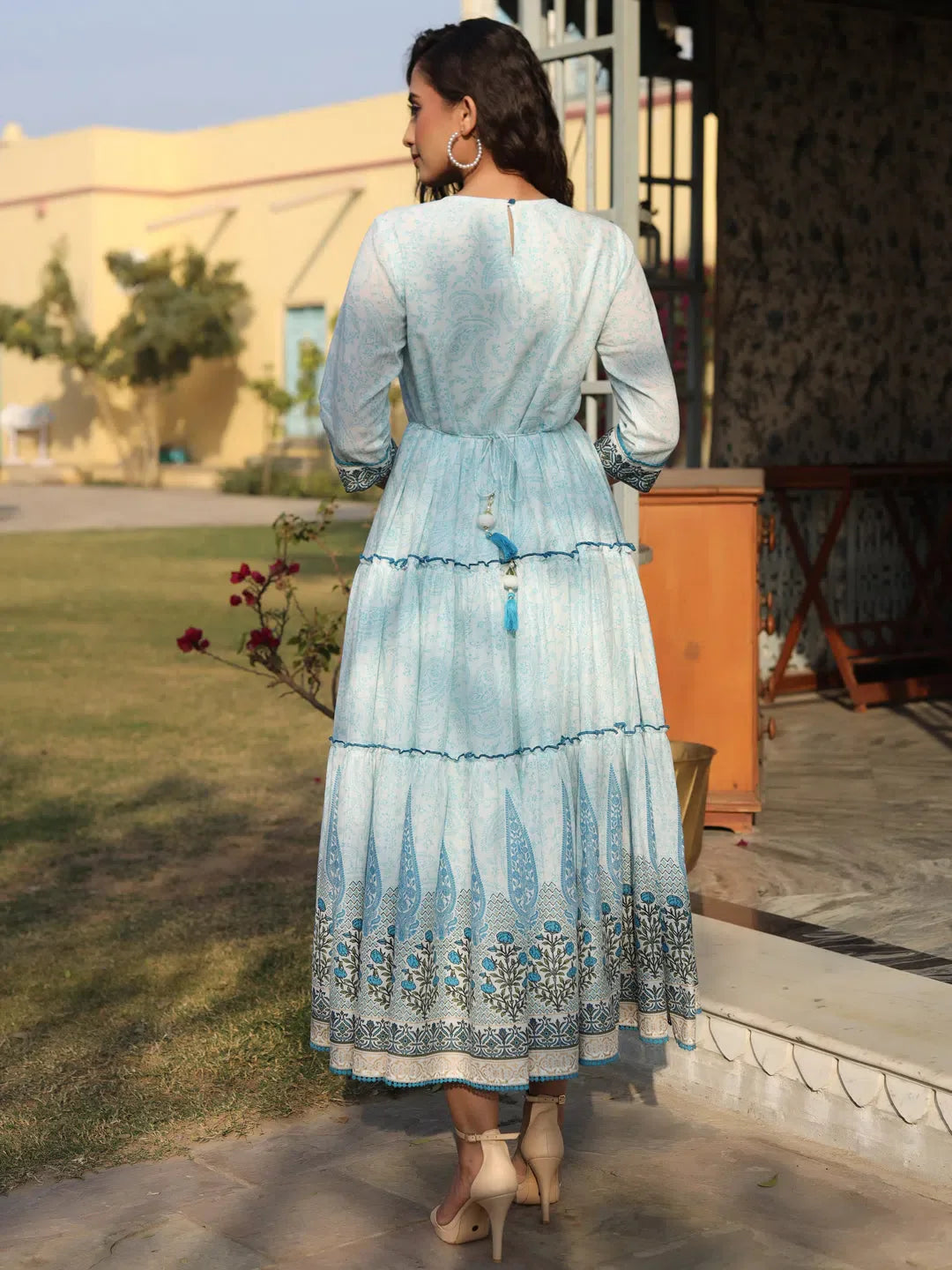 Blue Printed Cotton Voile Maxi Dress | Indian Dresses Online Blue Printed Cotton Voile Maxi Dress | Indian Dresses Online