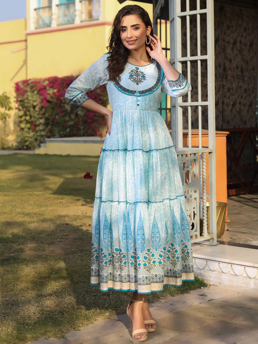Blue Printed Cotton Voile Maxi Dress | Indian Dresses Online Blue Printed Cotton Voile Maxi Dress | Indian Dresses Online