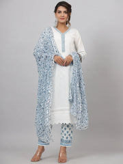 Women'S White Cotton Cambric Solid Kurta Floral Printed Pant & Dupatta Set