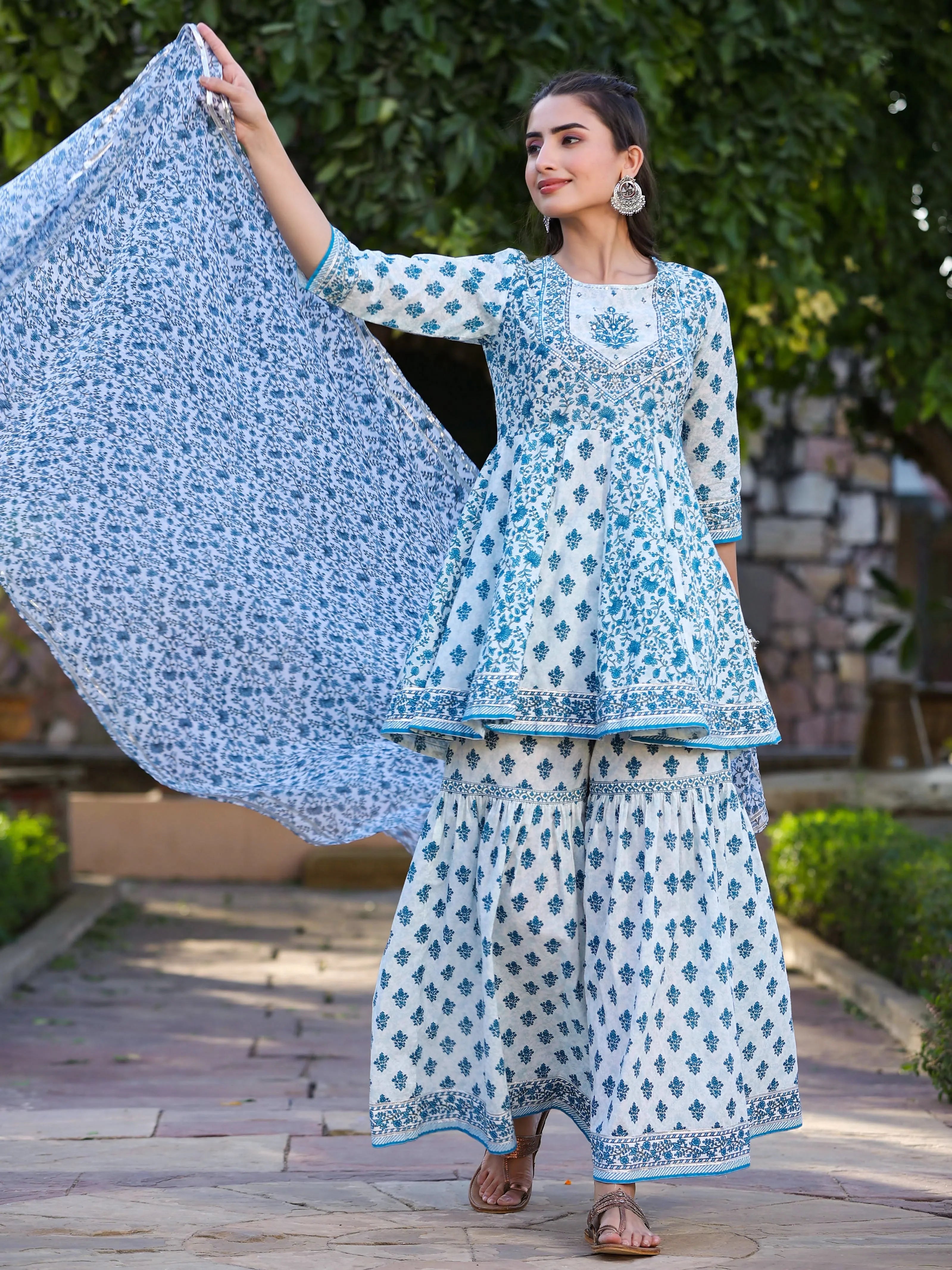 Blue Floral Print Anarkali Kurta Sharara Set | Anarkali Dress