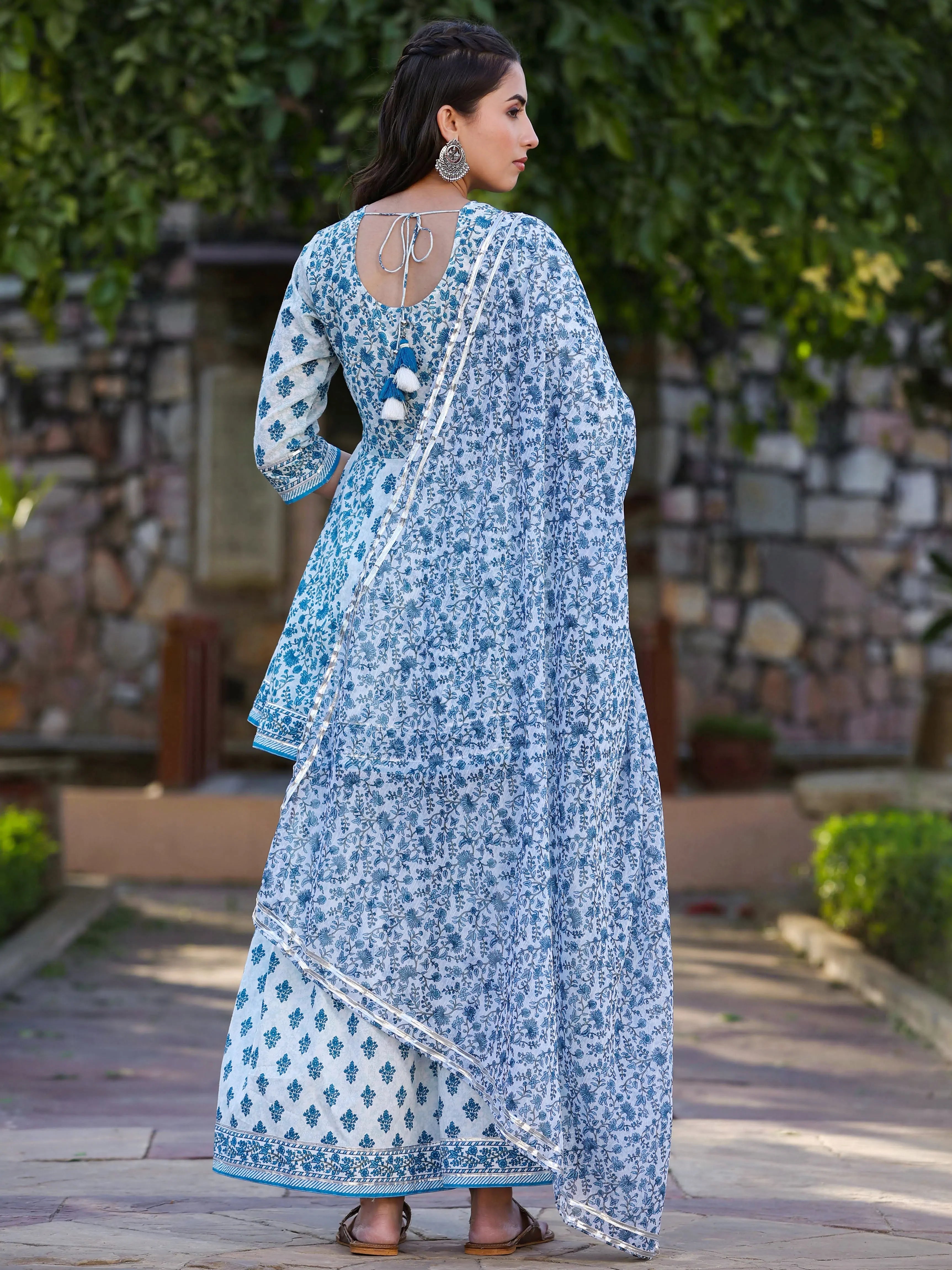 Blue Floral Print Anarkali Kurta Sharara Set | Anarkali Dress