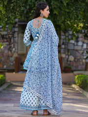 Women'S Blue Cotton Cambric Floral Placement Printed Anarkali Kurta Sharara & Dupatta Set
