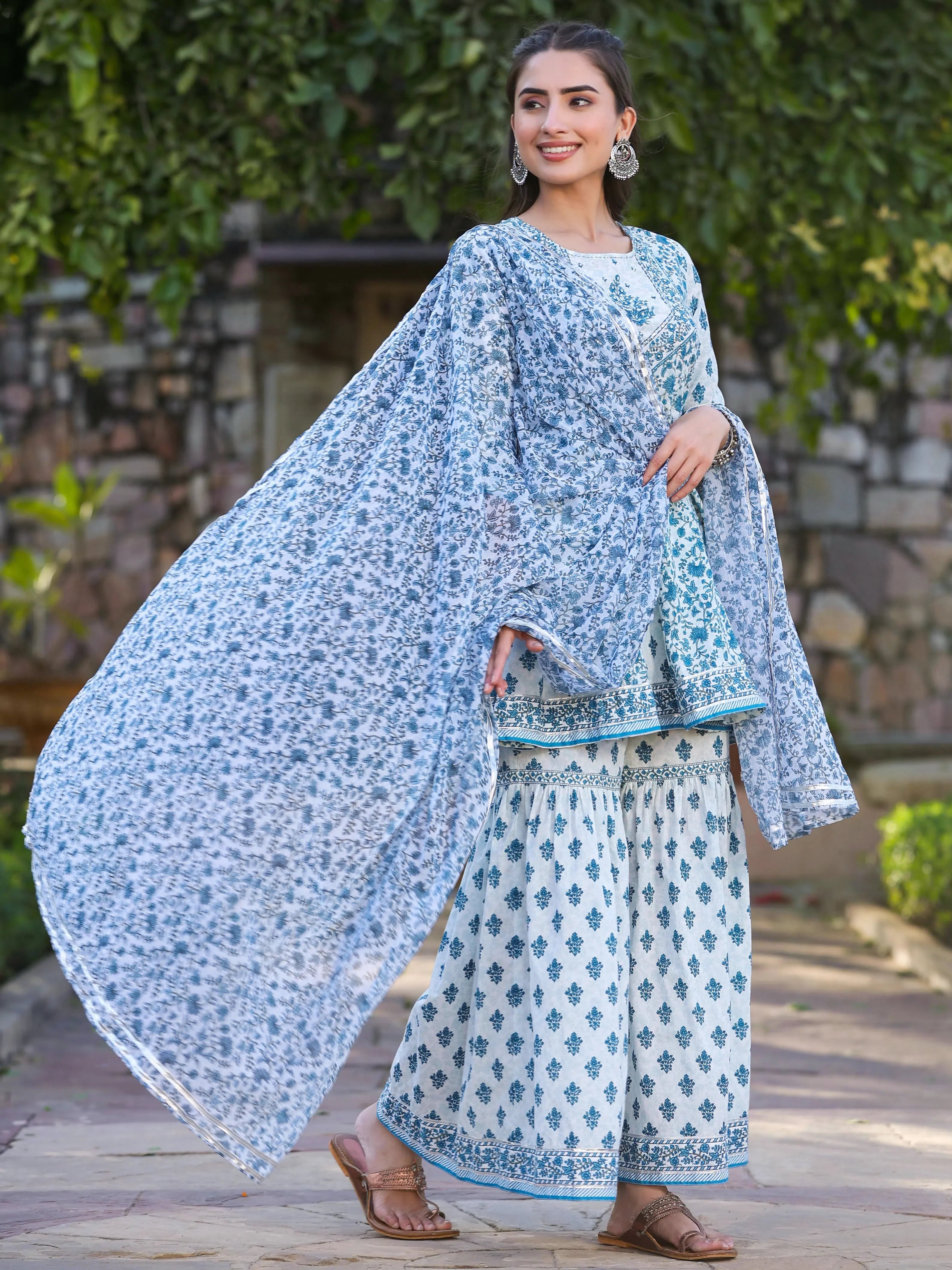 Blue Floral Print Anarkali Kurta Sharara Set | Anarkali Dress