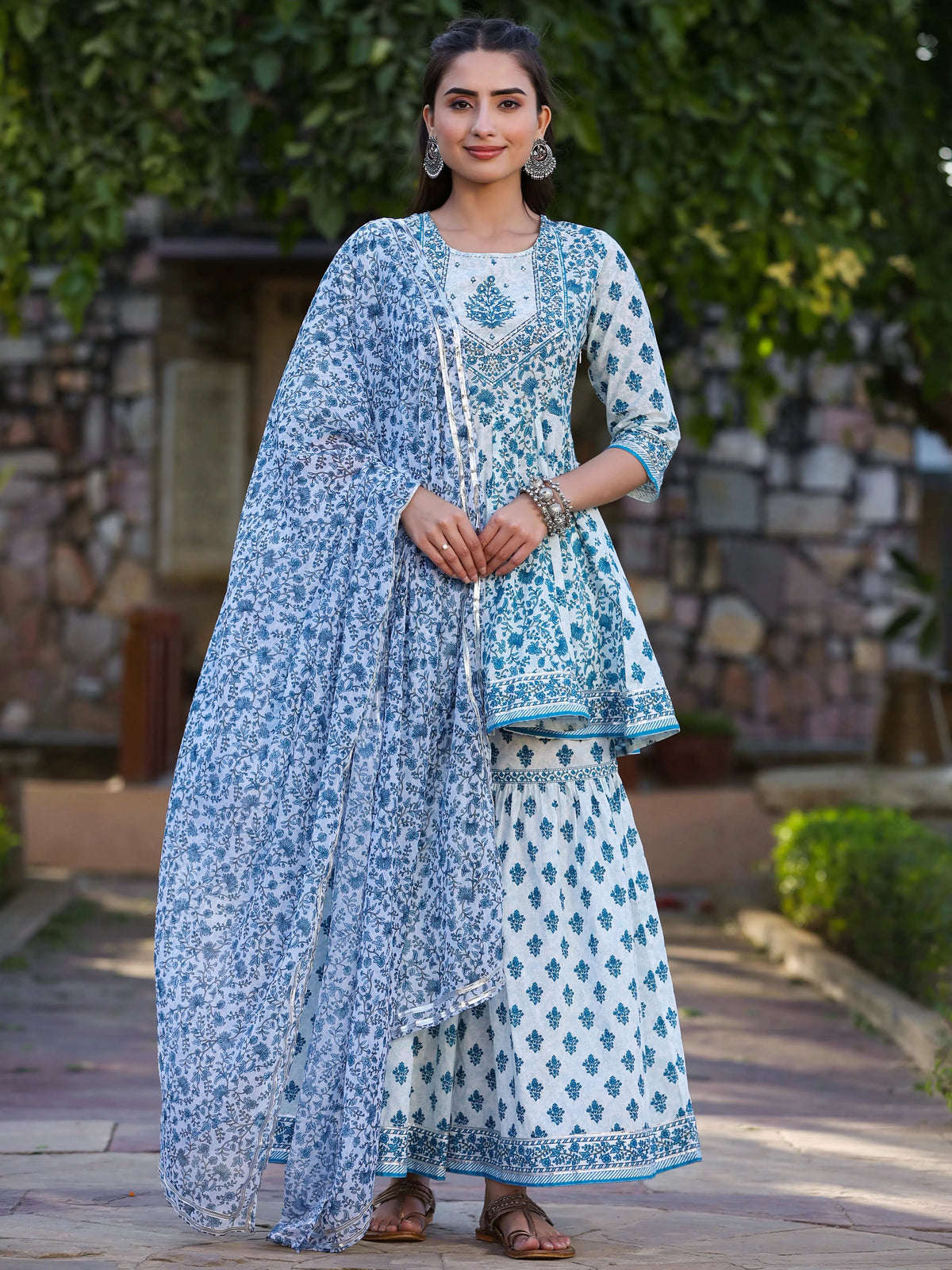 Women'S Blue Cotton Cambric Floral Placement Printed Anarkali Kurta Sharara & Dupatta Set