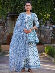 Women'S Blue Cotton Cambric Floral Placement Printed Anarkali Kurta Sharara & Dupatta Set