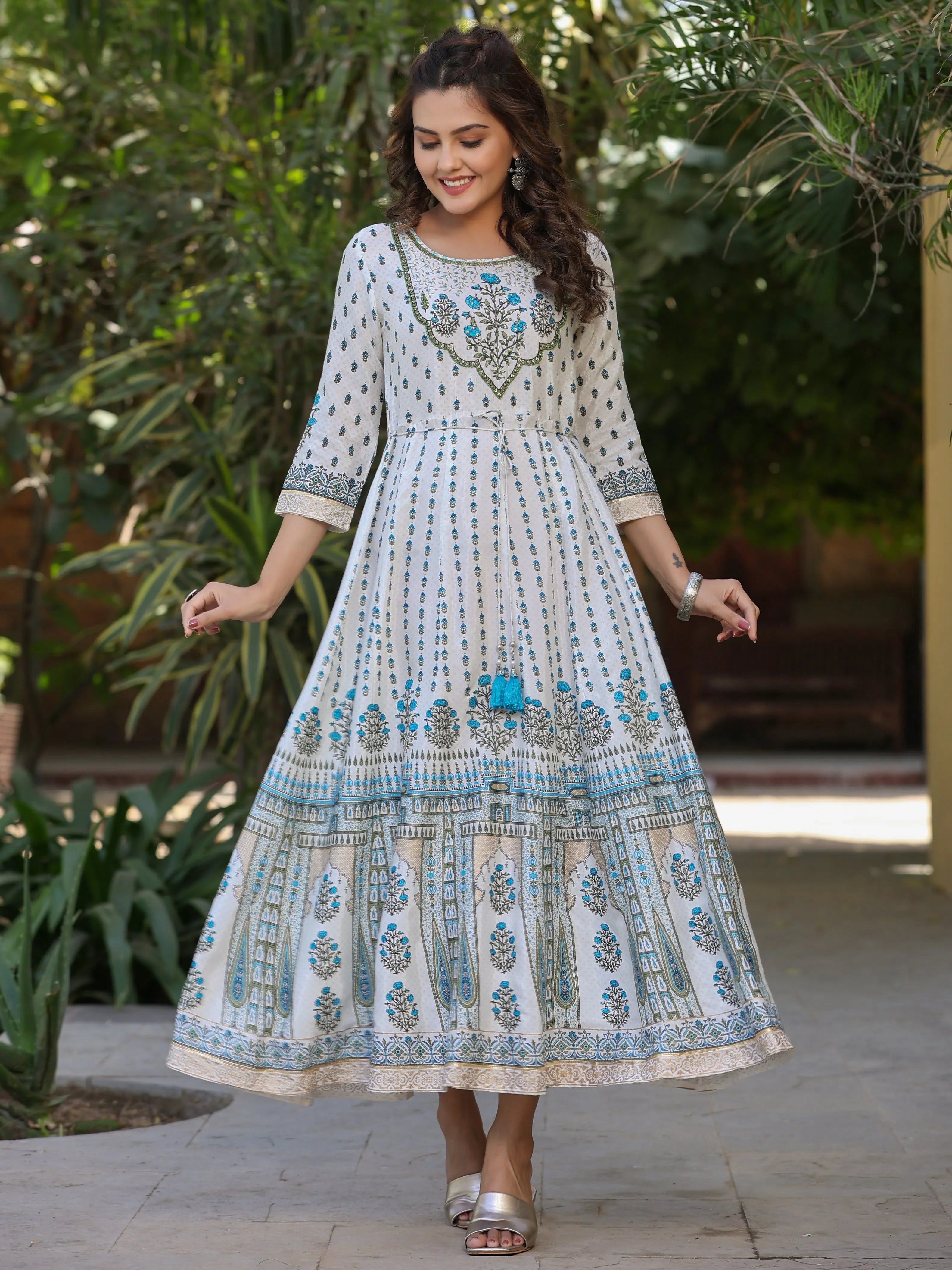 anarkali maxi dress Elegant Green Silk Anarkali Maxi Suit Set with Organza Dupatta