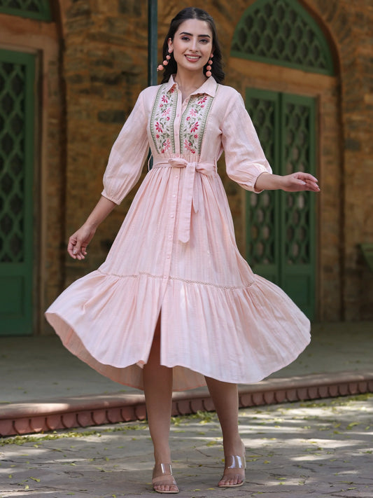 Women Peach Cotton Dobby Embroidered Flared Maxi Dress. 3162