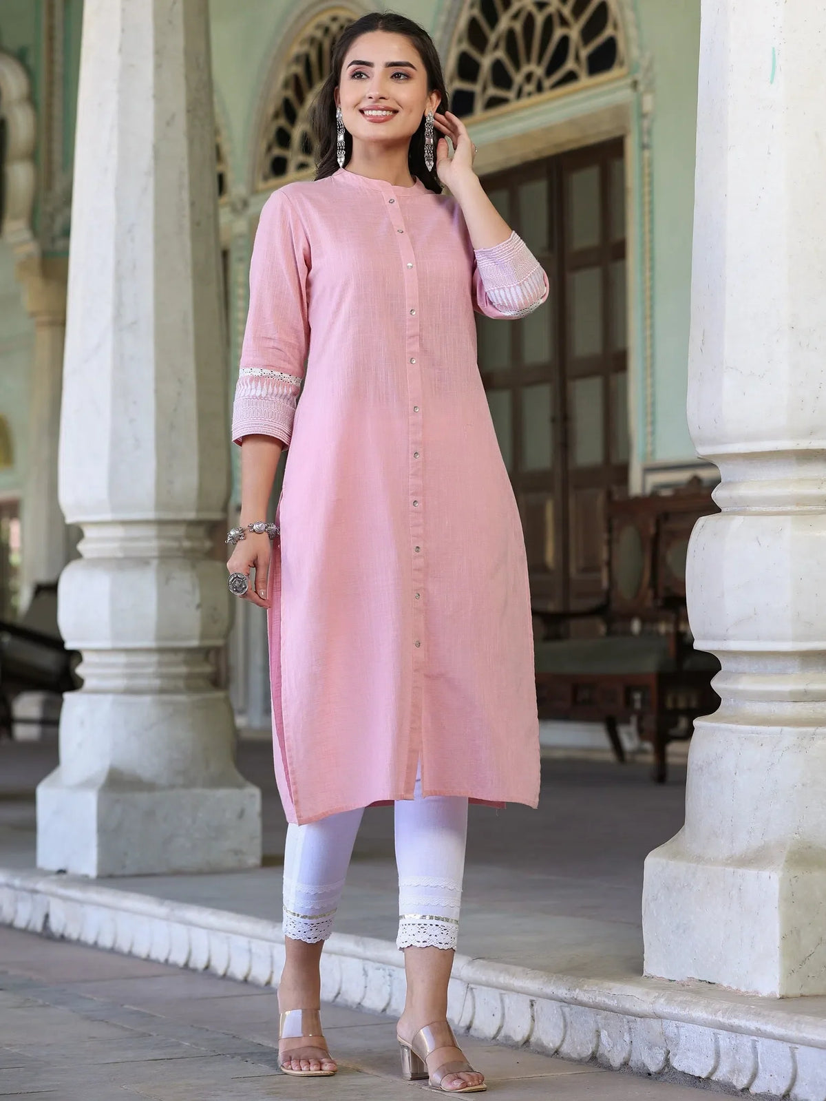 Womens Pink cotton slub embroidered straight kurta