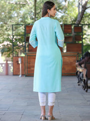 Womens Seagreen cotton slub embroidered straight kurta