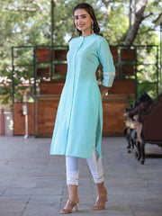 Womens Seagreen cotton slub embroidered straight kurta