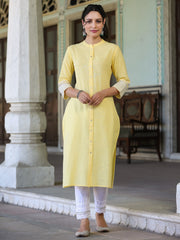 Womens Yellow cotton slub embroidered straight kurta