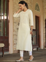 Women'S Offwhite Cotton Flex Embroidered Straight Kurta
