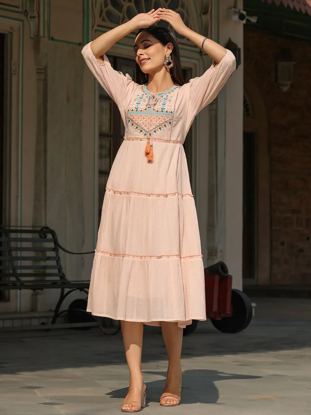 Peach Embroidered Tiered Maxi Dress | Indian Cotton Dresses Pink / M Peach Embroidered Tiered Maxi Dress | Indian Cotton Dresses Pink / M