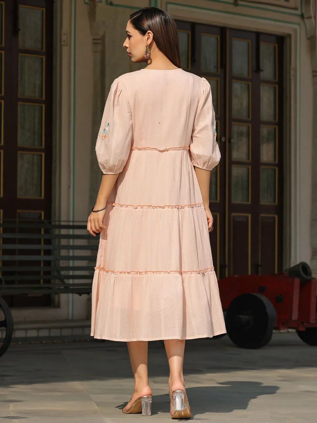 Peach Embroidered Tiered Maxi Dress