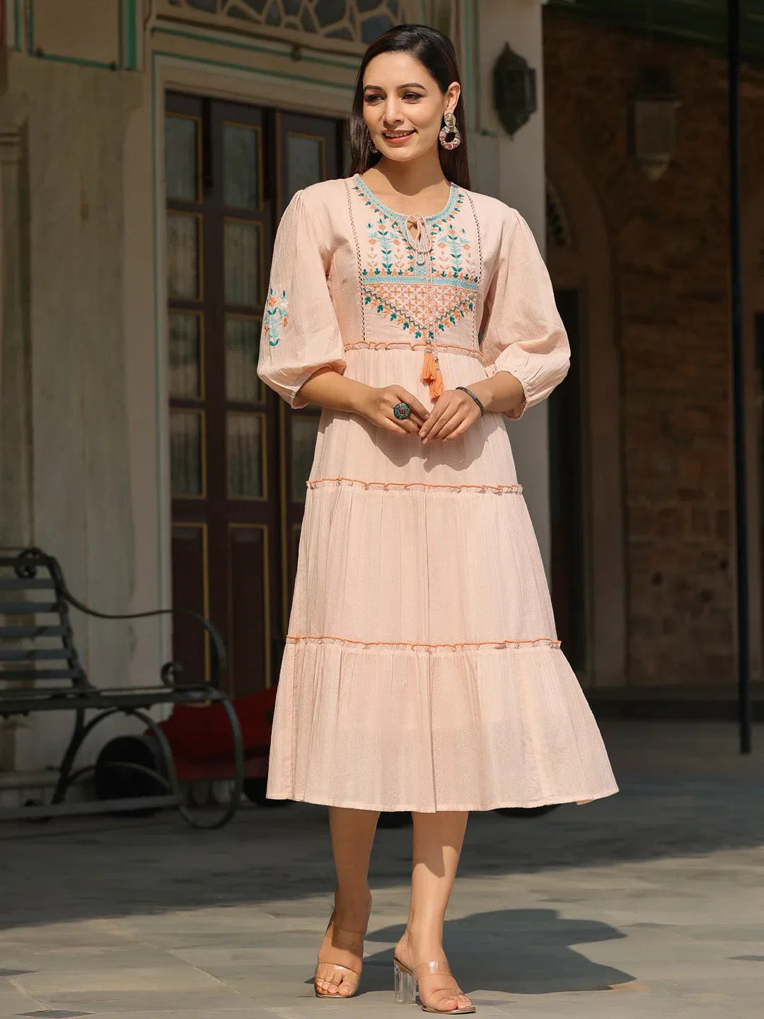 Peach Embroidered Tiered Maxi Dress | Indian Cotton Dresses Pink / M Peach Embroidered Tiered Maxi Dress | Indian Cotton Dresses Pink / M