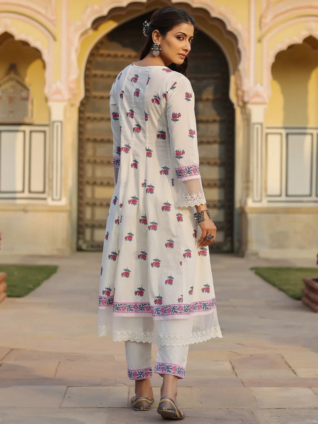 Off-White Floral Kurta Set - Cotton Indian Kurta for Women