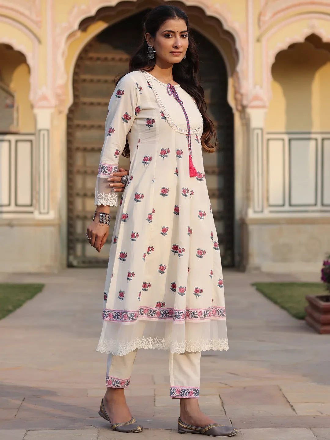 Off-White Floral Kurta Set - Cotton Indian Kurta for Women