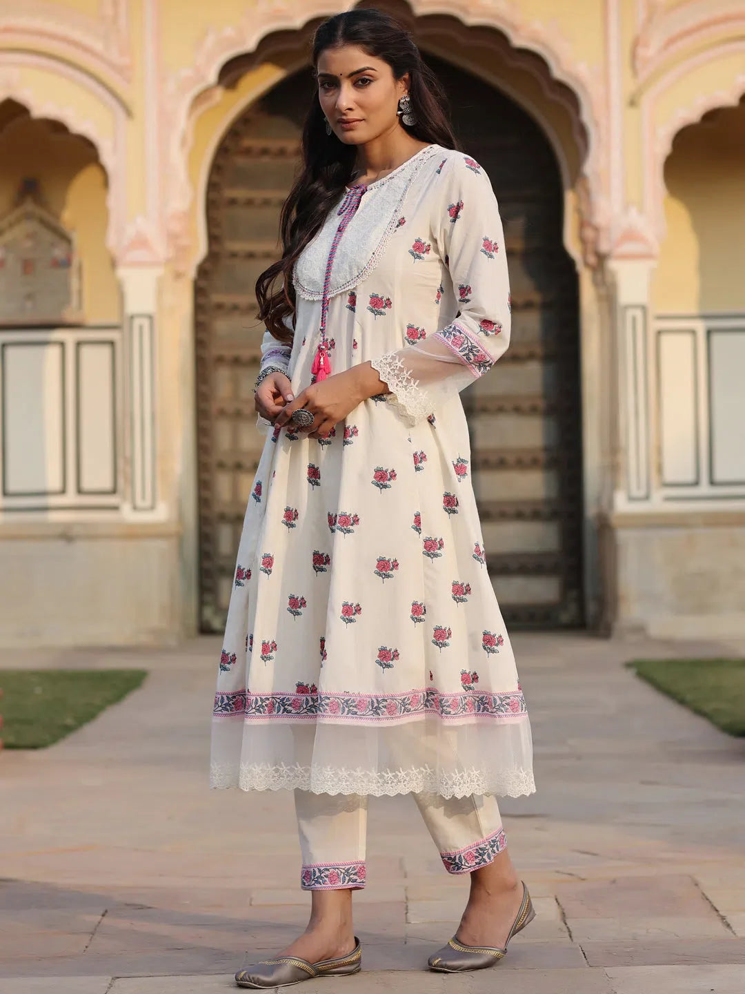 Off-White Floral Kurta Set - Cotton Indian Kurta for Women