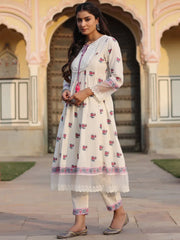 Women Off-White Cotton Cambric Printed Kalidar Kurta & Pants Set.