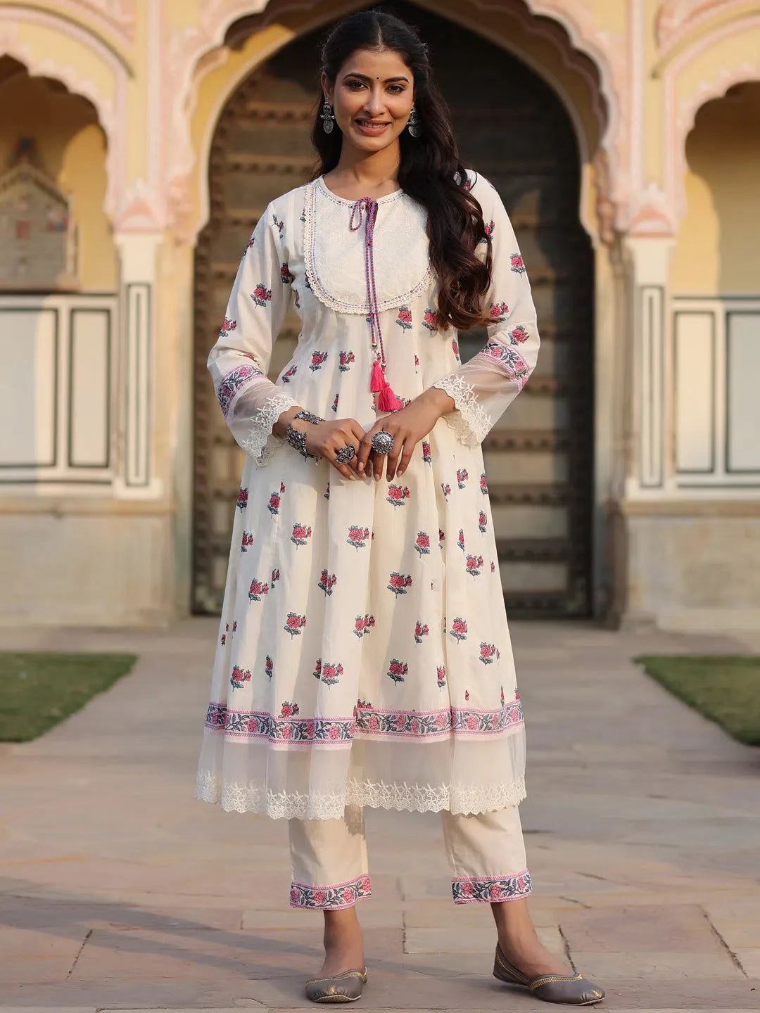 Off-White Floral Kurta Set - Cotton Indian Kurta for Women