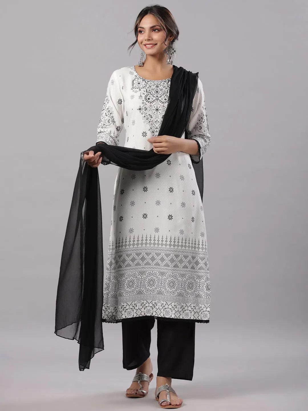 Women White Rayon Staple Printed Kurta, Pants & Dupatta Set.