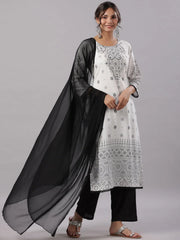Women White Rayon Staple Printed Kurta, Pants & Dupatta Set.