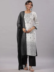 Women White Rayon Staple Printed Kurta, Pants & Dupatta Set.