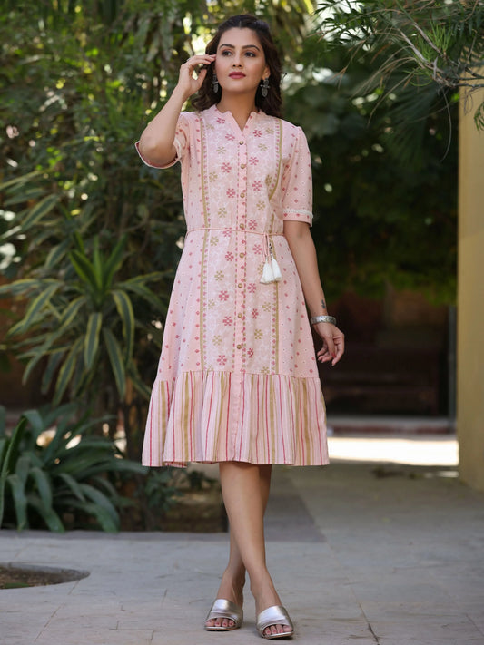 Women'S Pink Cotton Printed Embroidered Flared Dress 3473