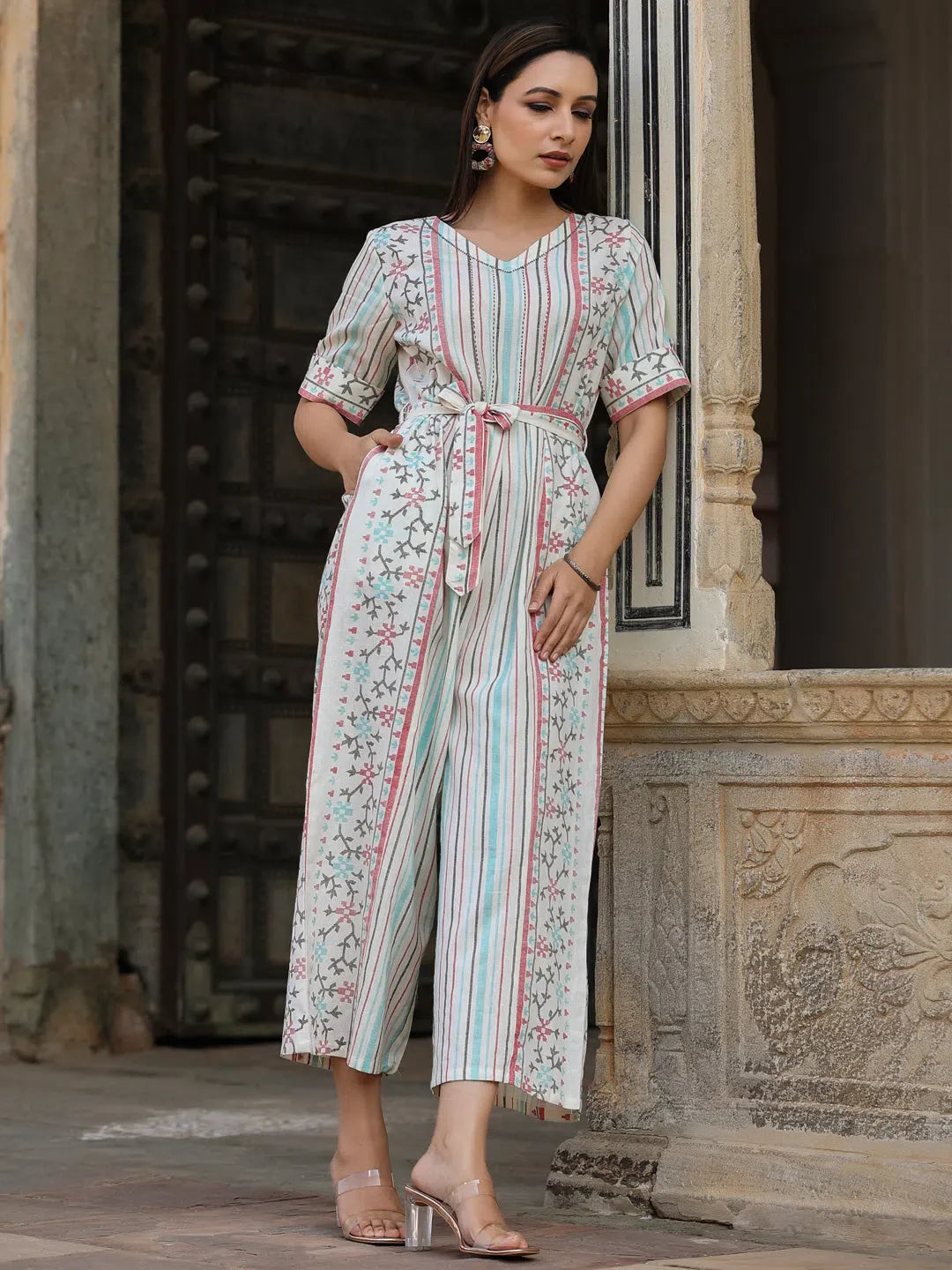 Ivory Cotton Jamdani Jumpsuit - Women's One-Piece Outfits