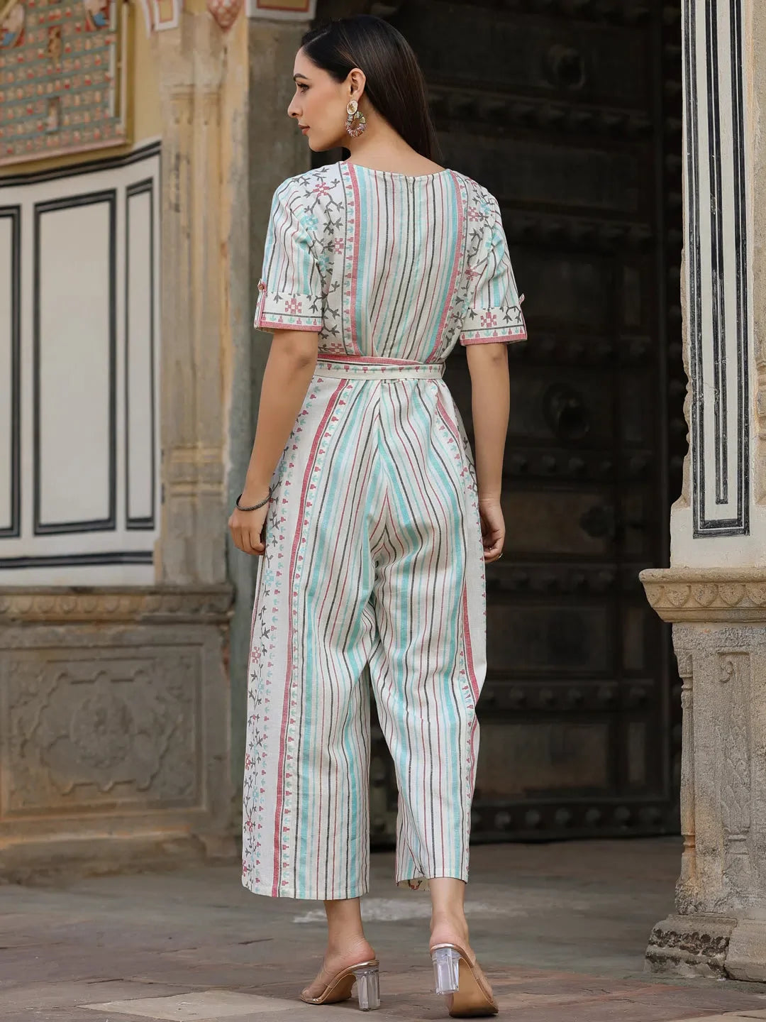 Ivory Cotton Jamdani Jumpsuit - Women's One-Piece Outfits
