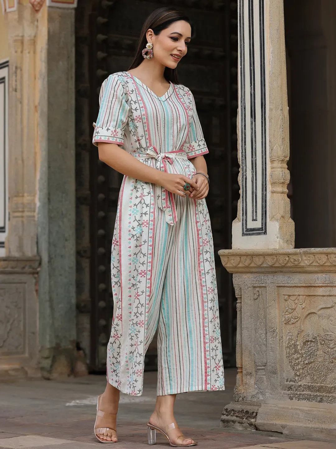 Ivory Cotton Jamdani Jumpsuit - Women's One-Piece Outfits