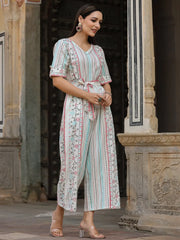 Women Ivory Cotton Flex Jamdani Printed Jumpsuit.