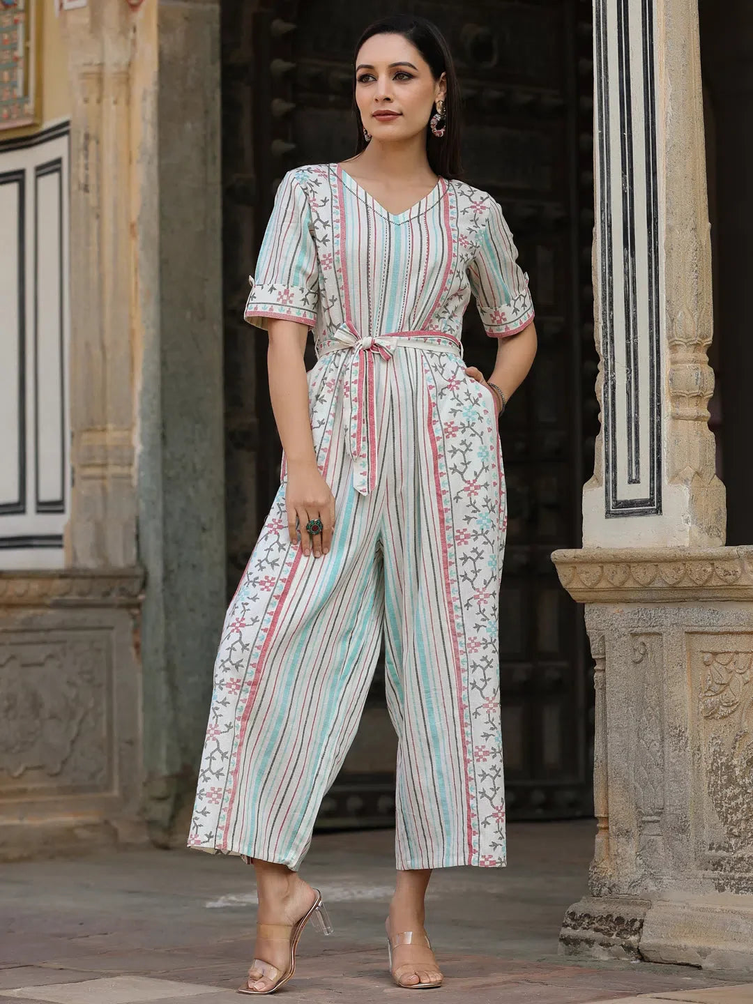 Ivory Cotton Jamdani Jumpsuit - Women's One-Piece Outfits